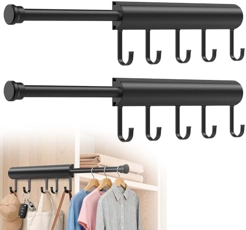 Pisman Valet Rod for Closet Pull Out 12 Inch with 5 Hooks - Black 2 Pack by Pisman