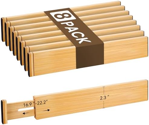 Adjustable Bamboo Drawer Dividers of 8, Expandable Organizers (16.9"-22.2") by NCUE