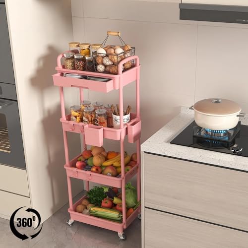4 Tier Rolling Utility Cart with Drawer, Plastic Storage Organizer Rolling Carts with Wheels Handles Hanging Cups Hooks for Office, Bathroom, Kitchen,Craft Art Room (Pink) - Image 4