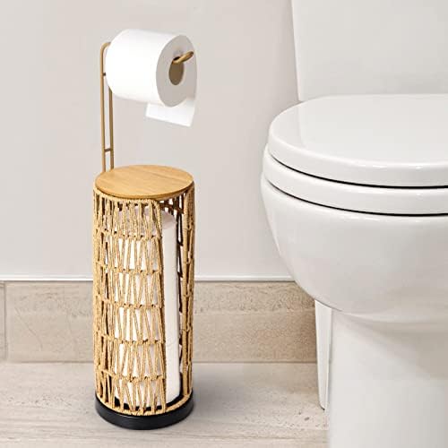 Freestanding Toilet Paper Holder with Storage,3 Rolls of Tissue Holder for Bathroom,Handmade Woven Toilet Paper Roll Holder Stand,Rattan Sturdy Boho Bathroom Decor Farmhouse Toilet Paper Storage by Trongee