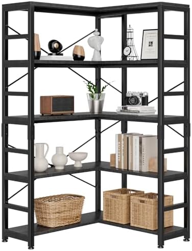 NUMENN 5-Tier Corner Bookshelf, L-Shaped Corner Bookcase, Black by NUMENN