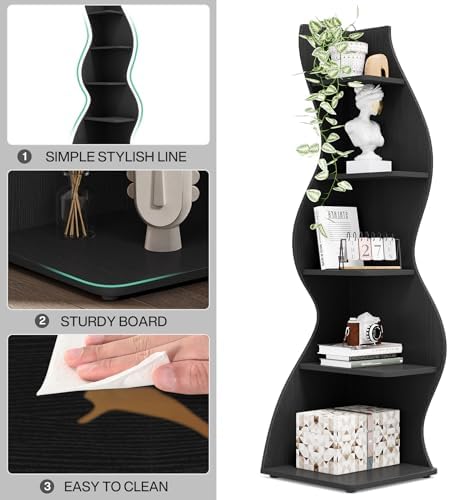Tribesigns Corner Shelf, Modern 5-Tier Wall Corner Bookshelf, Stylish Corner Small Bookcase Storage Rack Plant Stand with Unique Shape for Living Room, Home Office, (2PCS, Black) - Image 5
