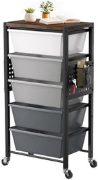 Rolling Cart with 5 Drawers, Plastic Drawer Storage Carts with Wheels & Wooden Tabletop, Metal Utility Cart with Pegboards, Office Living Room Classroom Craft Organization and Storage, Dark Grey by TimeForest