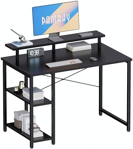 Pamray 33.5 Inch Small Computer Desk with Monitor Stand and Shelves by PAMRAY