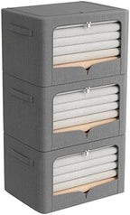 FHSQX 3 Pack Extra Large Clothes Storage Bins Foldable Metal Frame Storage Box Stackable Linen Fabric Organizer Set with Carrying Handles and Clear Window (Dark Gray, 23.6x16.5x15.7inch(100L)) by FHSQX