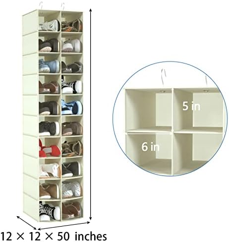 20 Section Hanging Shoe Organizer for Closet, Hanging Closet Organizer and Storage Space-Saving Foldable Clothes Shelf with Sturdy Hooks for Wardrobe, Dorm, Bedroom, Rv, Beige - Image 3