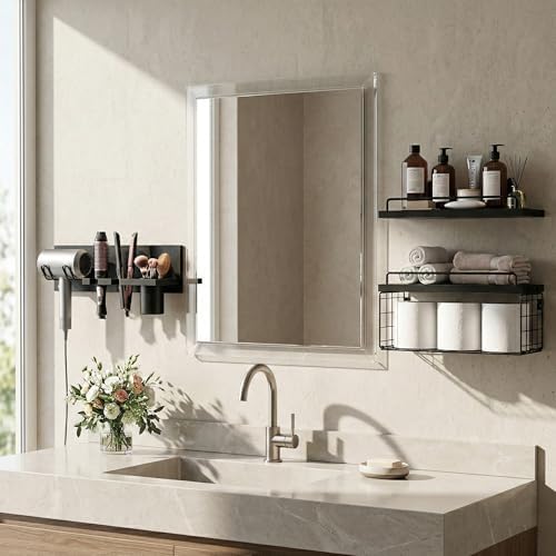 3-Tier Bathroom Floating Shelves with Hair Dryer Holder, Black - Image 4