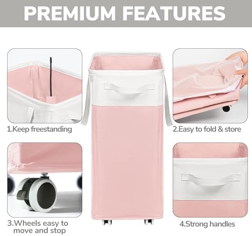 Goodpick Laundry Basket with Wheels, 75L Tall Clothes Hamper, Large Laundry Basket with Removable Wash Bag for Corner Dorm, Rolling Hamper, Pink&White - Image 4