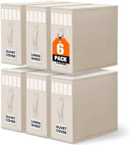 WOWBOX Sheet Organizers and Storage,Closet Bed Sheet Organizer Under Bed Storage and Organization with Label Cards & Clear Window for Bedding Sheets,Duvet Covers,Blankets (6 Pack，Beige) by WOWBOX