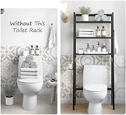 MallKing Over-The-Toilet Storage Rack, Wooden 3-Tier Over-The-Toilet Storage Rack Bathroom Space Saver Organizer, Freestanding Above Toilet with Toilet Paper Holder and Hooks (Black) - Image 6