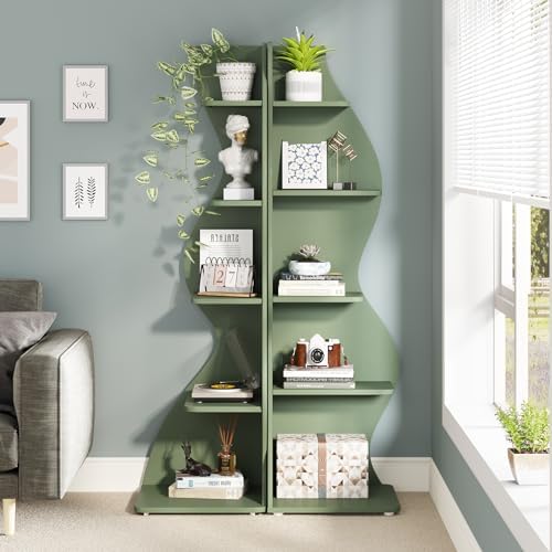 Tribesigns Corner Shelf, Modern 5-Tier Wall Corner Bookshelf, Stylish Corner Small Bookcase Storage Rack Plant Stand with Unique Shape for Living Room, Home Office (Sage Green, 2PCS) - Image 4