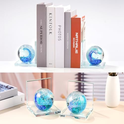 Glass Book Ends with Deep Ocean Blue Crystal Sea Wave Ball, Set of 2 - Image 3