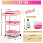 Goovilla 3 Tier Rolling Utility Cart Organizer with Removable Drawer, Pink - Image 4