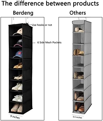 Berdeng Hanging Shoe Organizer for Closet with Side Mesh Pockets，Hat Racks for Baseball Caps，Shoe and Hat Holder & Storage，8-Shelf，Black，2 Pack - Image 4