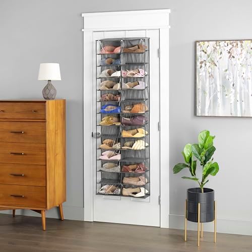 Whitmor Over The Door Shoe Organizer, 26 Pocket Over Door Shoe Shelves, Space Saving Hanging Shoe Organizer, Door Shoe Rack for Closet Organizer & Storage，63" L x 22" W x 6" H, Transparent & Gray by Whitmor