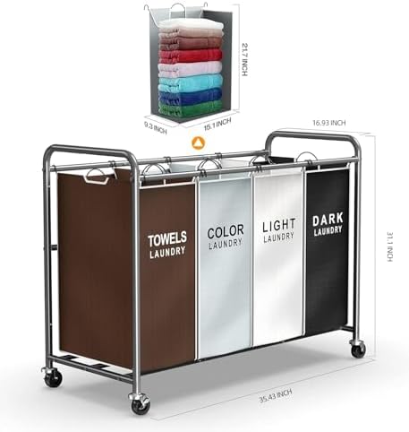 ROMOON Laundry Hamper Sorter Cart, 4-Section Organizer with Lockable Wheels - Image 6