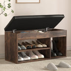 Apicizon 31 Inches Storage Bench with Padded Cushion, Shoe Bench with Storage Space, Upholstered Entryway Bench for Living Room, 2-Tier Shoe Rack Organizer, Brown by APICIZON