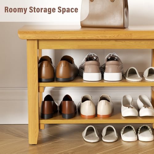 Shoe Rack Bench Mid Century Modern 2-Tier Shoe Rack Organizer for Entryway Hallway or Living Room Farmhouse Rustic Wooden Seat Bench Natural 11.8" Dx47.2 Wx16.5 H - Image 7