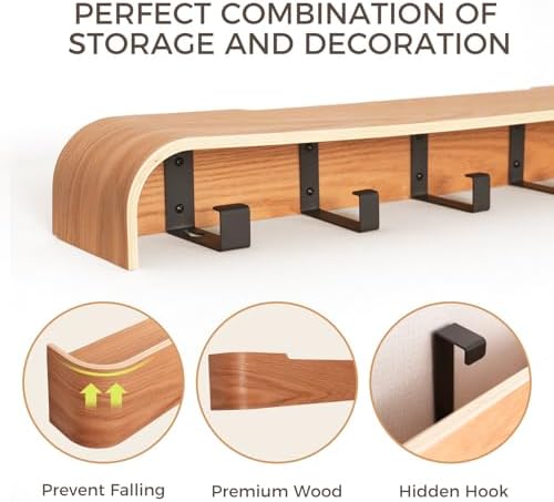 Coat Rack Wall Mount with Shelf Entryway Shelf Modern Key Holder Hanger Wall Shelves with Hidden Hooks for Hanging Towels Coats Hats Bags for Hallway Bathroom Bedroom(Oak, 4 Hooks) - Image 5