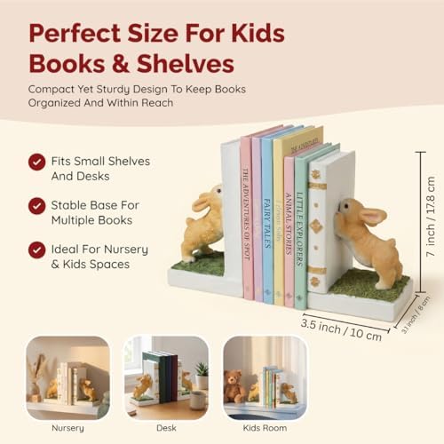 Bunny Bookend Set with 4 Bookmarks – Cute Rabbit Book Holders for Kids Books, Childrens Room Shelves, White Forest Animal Bookends, Peter Rabbit Book Decorations, Gift for Baby Nursery Bunnies - Image 3