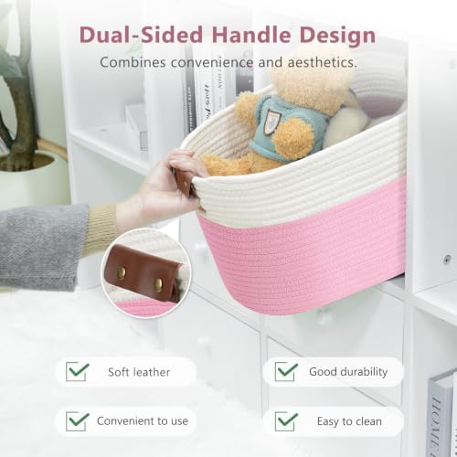 ECDYQXVU 15x10x9 Woven Cotton Rope Storage Basket, Leather Handles 3 Pack - Image 2