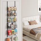 SWTYMIKI Over The Door Organizer - Door Organizer Hanging with 5 Adjustable Metal Large Capacity Basket and 6 Coat Hook, Wall Mounted Shelf for Bedroom Closet Bathroom Laundry Pantry Cabinet Kitchen - Image 2