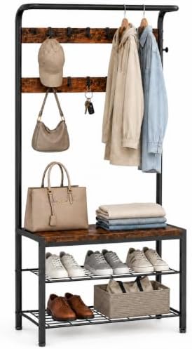 Simple Deluxe 4-in-1 Hall Tree with Bench and Shoe Storage, Entryway Coat Rack with 10 Hooks, Freestanding Mudroom Organizer with 2-Tier Shoe Rack for Entryway Bedroom Foyer, Brown by SimpleDeluxe