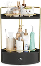 2-Tier Corner Bathroom Counter Organizer with Drawer, Black Gold by Unknown