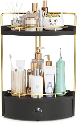 2-Tier Corner Bathroom Counter Organizer with Drawer, Black Gold by Unknown