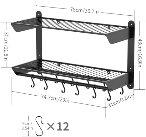 Taozun Pot Rack Wall Mounted 30 Inch, 2-Tier Heavy Duty Pot and Pan Hanging with 12 Anti-Drop Hooks, Kitchen Cookware & Utensils Storage Hanger - Image 6