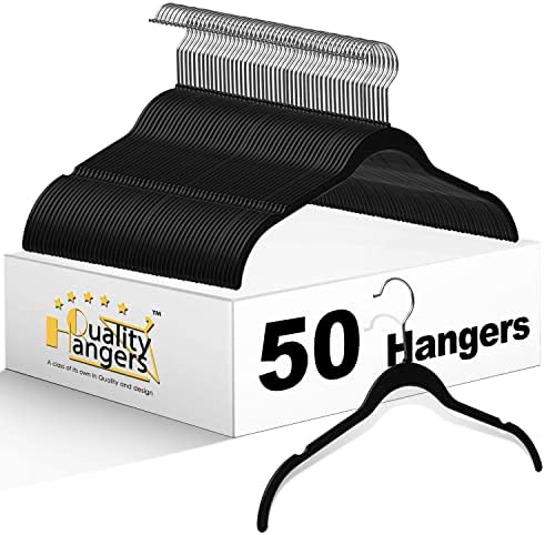 Quality Hangers Clothes Hangers 50 Pack - Non-Velvet Plastic Hangers for Clothes -Heavy Duty Coat Hanger Set -Space-Saving Closet Hangers with Chrome Swivel Hook, Non-Flocked Hangers (50, Black) by QualityHangers