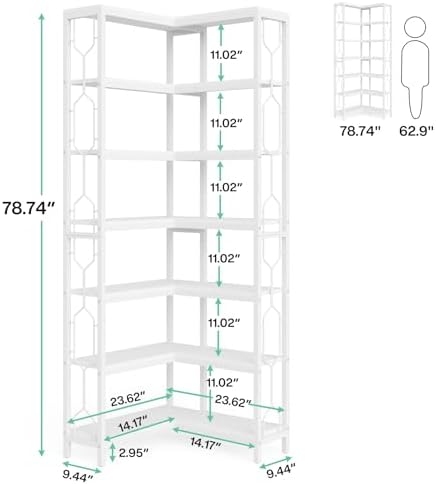 Tribesigns Corner Shelf, 7-Tier Industrial Corner Bookshelf, Wood and Metal Corner Etagere Bookcase, Freestanding Display Shelf for Living Room, Kitchen, Home Office, White - Image 2