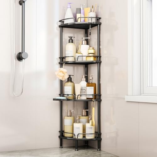Consumest Corner Shower Caddy Stand - 4 Tier Shower Organizer with Soap Holder, Tall Floor Corner Shelf Standing with Adjustable Feet & 4 Hooks, Storage Rack for Bathroom Black by Consumest