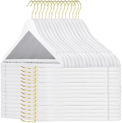TOPIA HANGER Wooden Hangers 30 Pack, White Wood with Golden Hooks by TOPIAHANGER