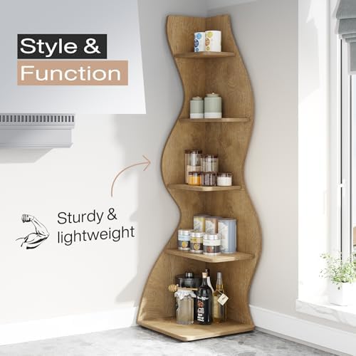 Tribesigns Corner Shelf, Modern 5-Tier Wall Corner Bookshelf, Stylish Corner Small Bookcase Storage Rack Plant Stand with Unique Shape for Living Room, Home Office (Light Brown, 1PC) - Image 7