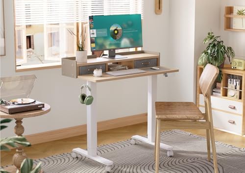 Claiks Standing Desk with Drawers & Wheels, 2 Height Shelf 40" Natural - Image 2