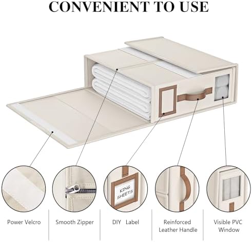 3 Pack Foldable Bed Sheets Set Organizers and Storage(King & Queen Size),Linen Fabric Closet Organizers with Window,Folding Bedding Storage Box for Bedsheets and Pillow Cube Organizer-Beige - Image 7