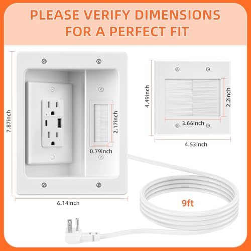 in Wall Cable Management Kit with Brush Wall Plate,AC Outlets & USB-A+USB-C Ports,9ft Cord,Hide Cords Recessed Wall Outlet for TV Cable Management,HDMI Cables and Home Theater Systems - Image 5