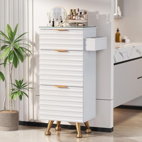 Professional Salon Station with Tempered Glass Top, 3 Drawers Hair Stylist & Barber Storage Cabinet with Heat Resistant Tool Holders, Beauty Spa & Home Organizer, White by OmySalon