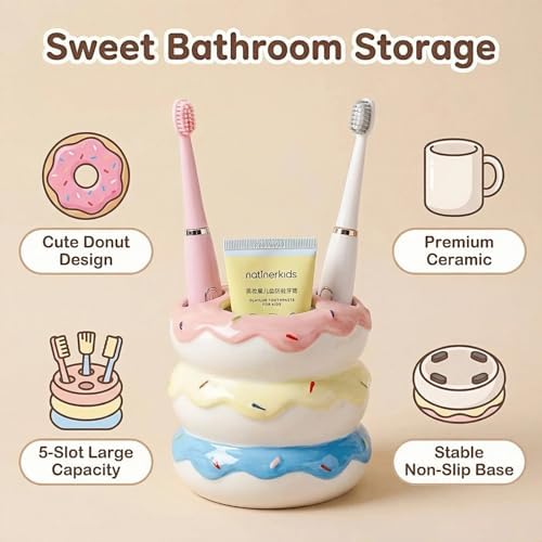 Donut Ceramic Toothbrush Holder, 5-Slot Toothbrush and Toothpaste Holder Cute Toothbrush Holder Set, Bathroom Storage Rack Suitable for Electric Toothbrushes, Toothpaste, Dental Floss (Color Mixing) - Image 3