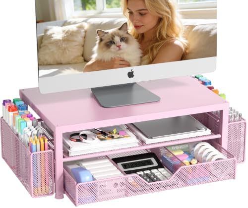 OPNICE Desk Organizers and Accessories, Computer Monitor Stand Riser with Drawer and 2 Pen Holders, Printer & Laptop Stand, Office Desk Accessories & Workspace Organizers for Home Office Supplies, Metal Pink by OPNICE