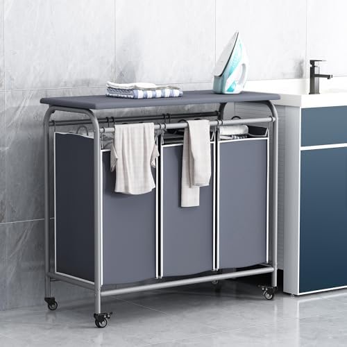 3 Bags Laundry Basket Sorter, Grey 135L Laundry Hamper, Ironing Board - Image 4