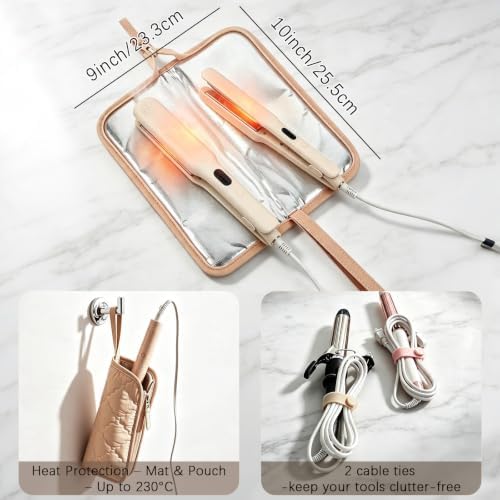 Hair Tools Travel Bag 5-Piece Set with Heat Resistant Mat Insulated Pouch and 2 Cord Straps, Large Fabric Organizer for Hot Brush Curling Iron Flat Iron Hair Dryer, Available in Camel - Image 5