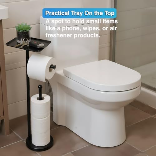 Toilet Paper Holder with Shelf, Freestanding Toilet Paper Stand with Storage Space for Holding Extra 4 Toilet Paper Rolls (Stainless Steel Base, Black) - Image 3