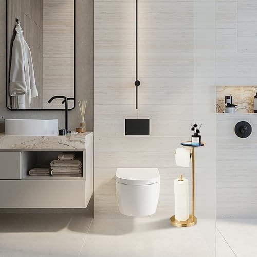 Toilet Paper Holder Stand Gold: Free Standing Tissue Roll Holder with Phone Shelf - Toilet Roll Dispenser Storages for 4 Rolls, Durable Stainless Steel for Bathroom - Image 4