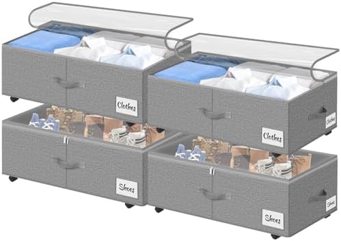 Under Bed Storage with Wheels, 4-Pack 10" Height XXL 75L Rolling Storage Bins, Quick Assembly Underbed Shoe Storage Containers with Clear Lid & Label, Dorm Under Bed Drawers for Clothes, Shoes, Grey by KUKIKAN