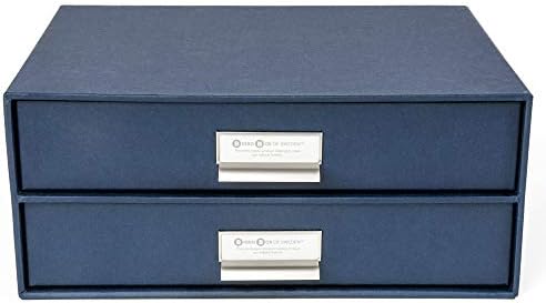 Bigso Box of Sweden Birger 2-Drawer Fiberboard Label Frame Document Letter Box | Desktop Drawers for Loose Papers, Document| Desktop Storage Drawer with Metal Label Holder | 13.1” x 10” x 5.7” | Blue - Image 4