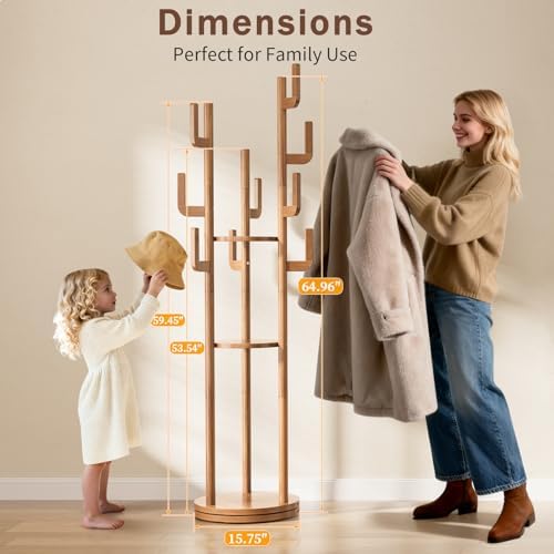 Yoobure Rotary Coat Rack Freestanding - Solid Wood Coat Tree with 9 hooks & 3 Storage Shelves for Purse, Bag, Jacket, Hat, Corner Hanger Stand Racks for Hall, Entryway, Office, Modern Clothes Holder - Image 3