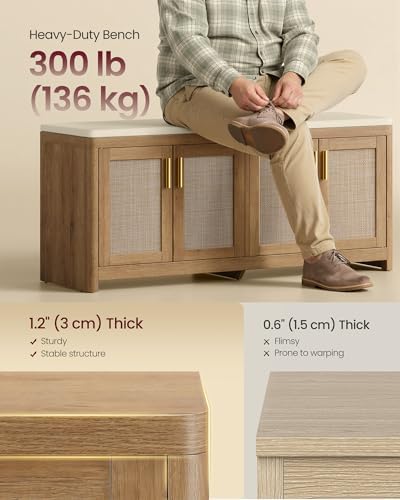 VASAGLE Boho Shoe Bench with Cushion, 4 Rattan-Look Cabinet Doors - Image 5