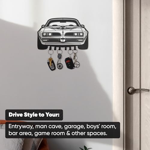 MOOH Metal Automotive Key Holder with 6 Hooks - Unique Wall Mounted Car Lovers Gifts for Men & Women - Cool Man Cave Decor (Pontiac Firebird 1977, Black) - Image 4